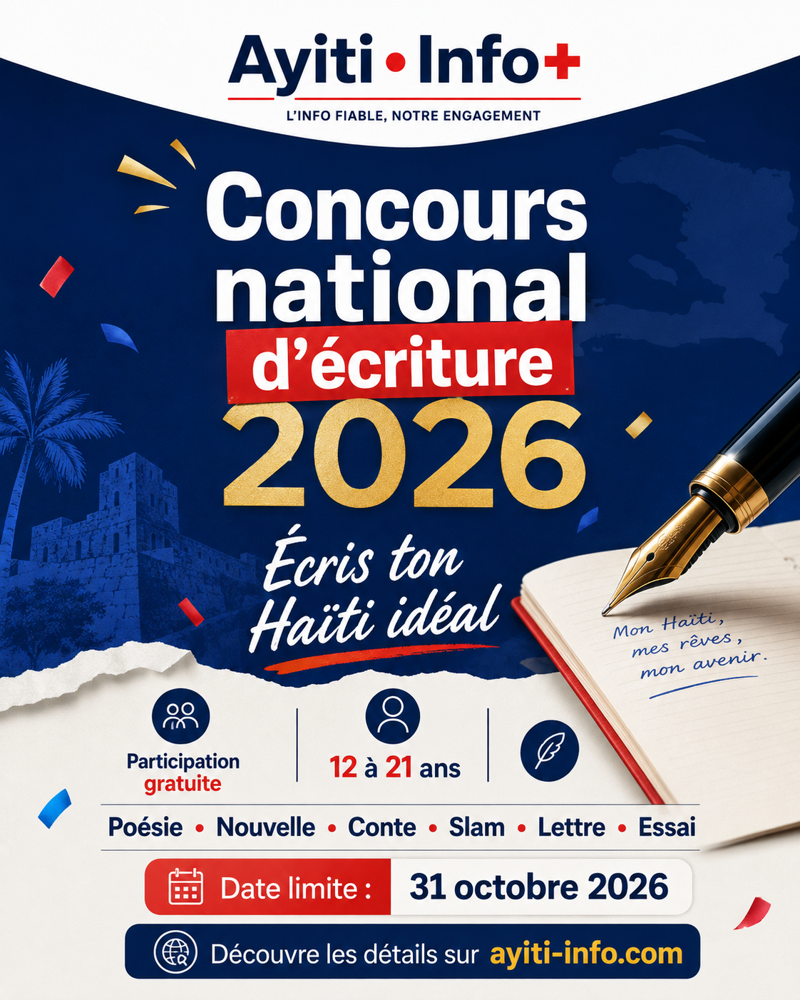 Affiche officielle du concours national d’écriture 2026 Ayiti Info+