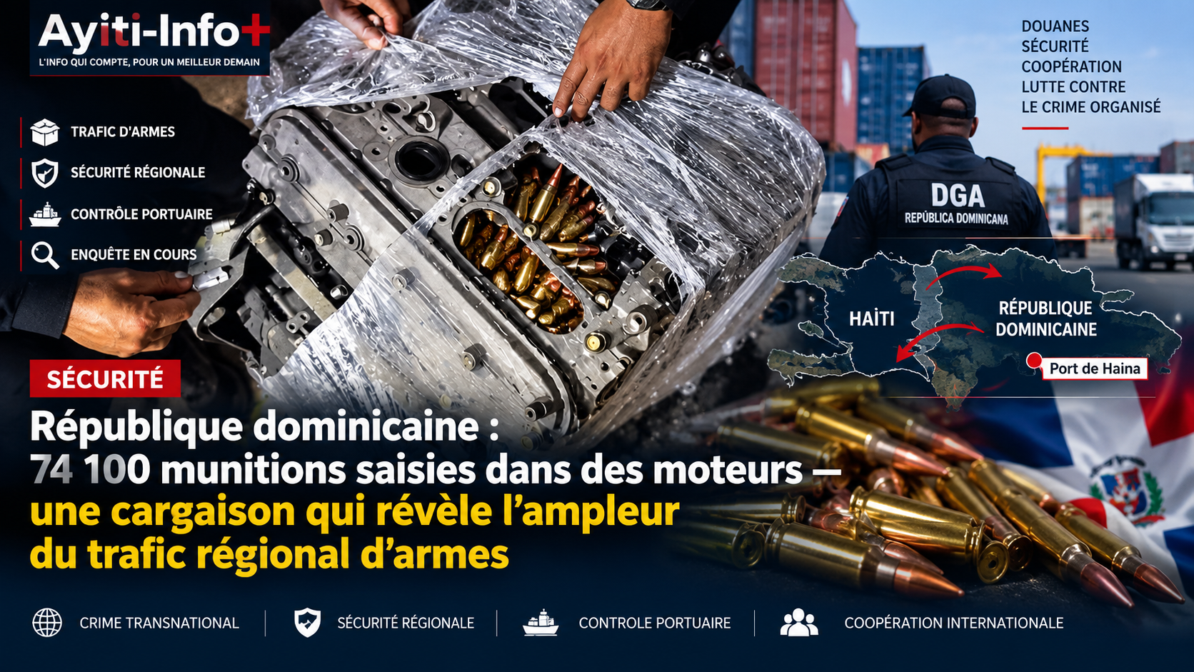 République dominicaine : 74 100 munitions saisies dans des moteurs — une cargaison qui révèle l’ampleur du trafic régional d’armes