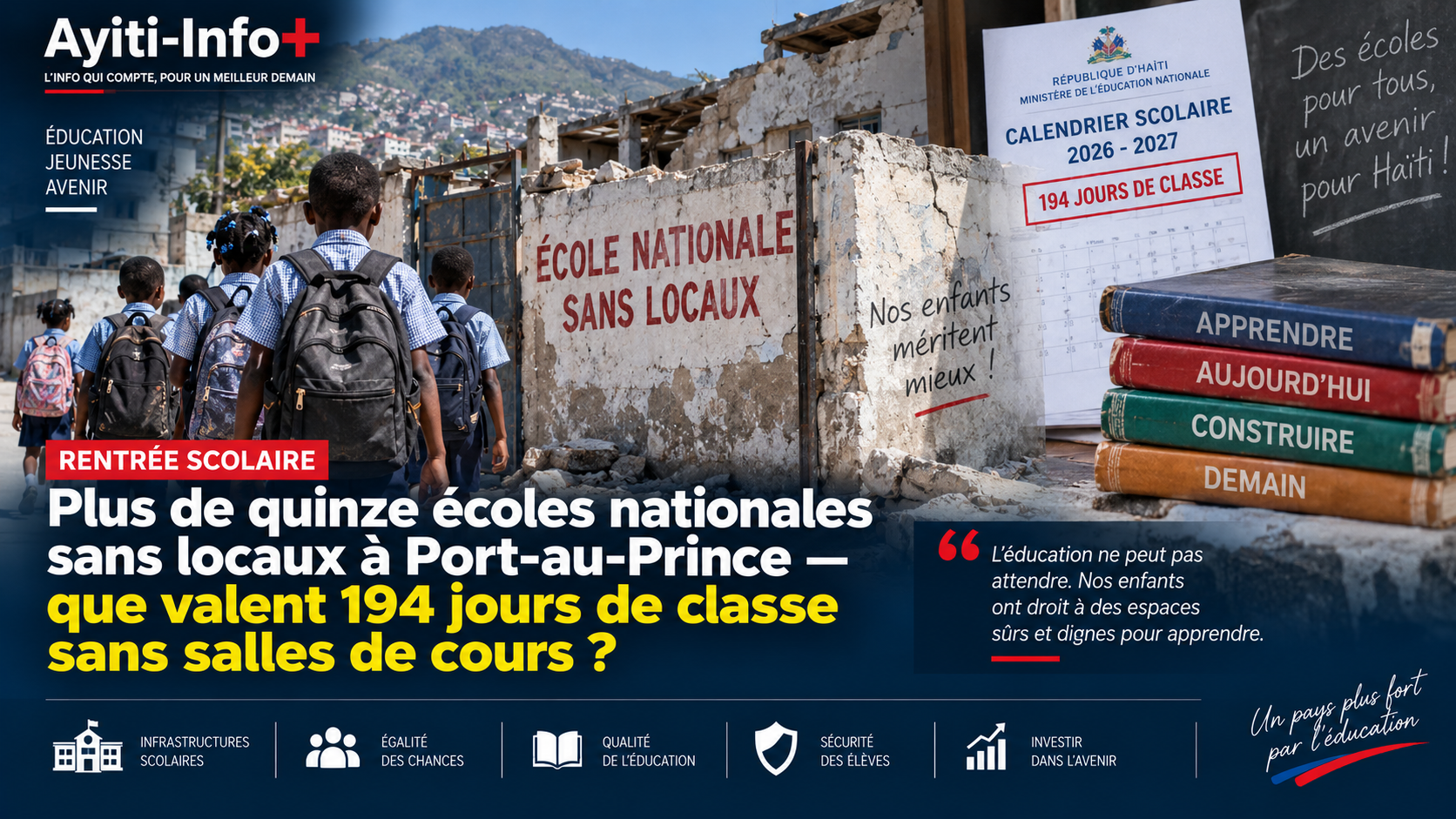 Rentrée scolaire : plus de quinze écoles nationales sans locaux à Port-au-Prince — que valent 194 jours de classe sans salles de cours ?