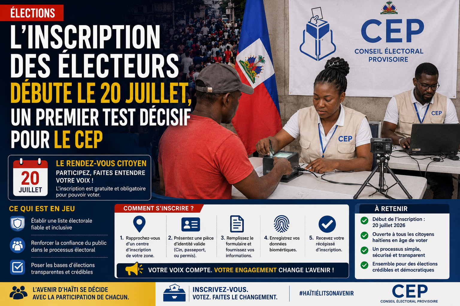 Élections : l’inscription des électeurs débute le 20 juillet, un premier test décisif pour le CEP