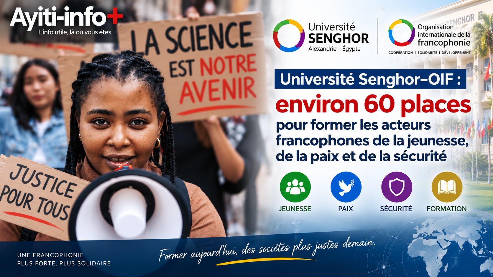 Université Senghor–OIF : environ 60 places pour former les acteurs francophones de la jeunesse, de la paix et de la sécurité